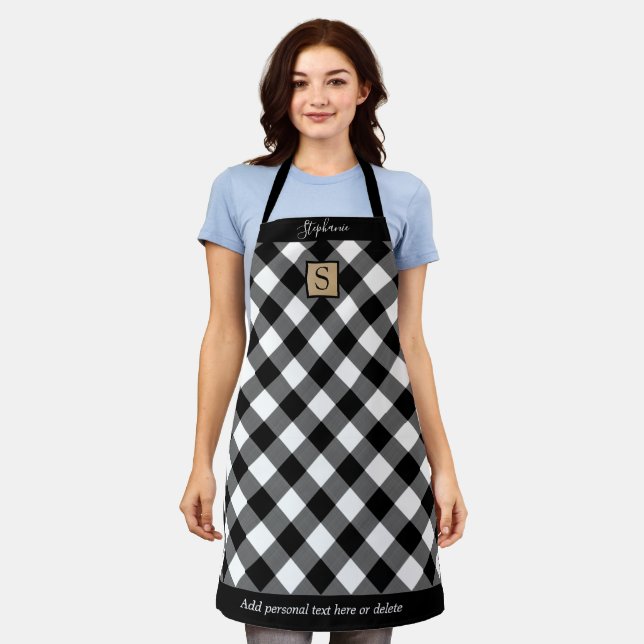 Buffalo Plaid Black White Monogram Script Name Apron (Worn)
