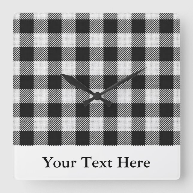 Buffalo Plaid Black White Personalized Square Wall Clock (Front)