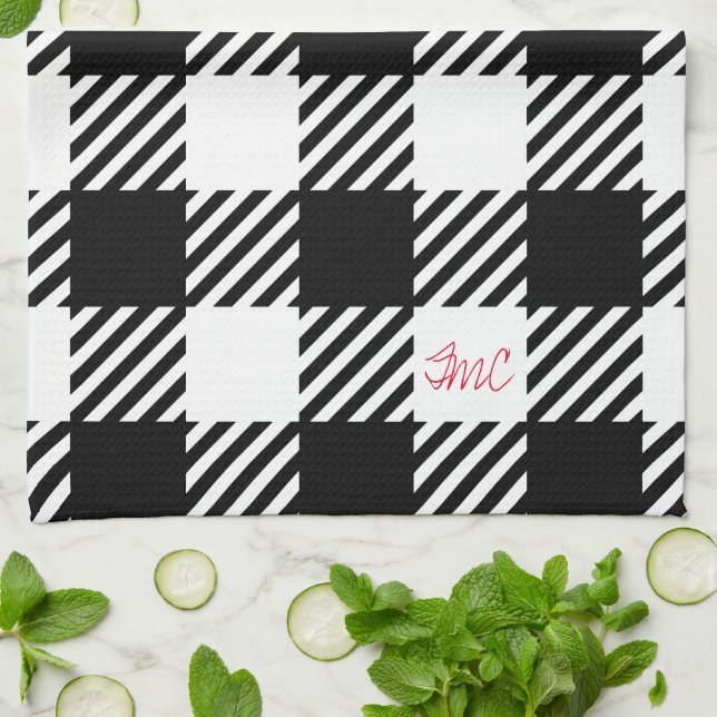 Buffalo Plaid Black White Red Monogram INITIALS Kitchen Towel (Folded)