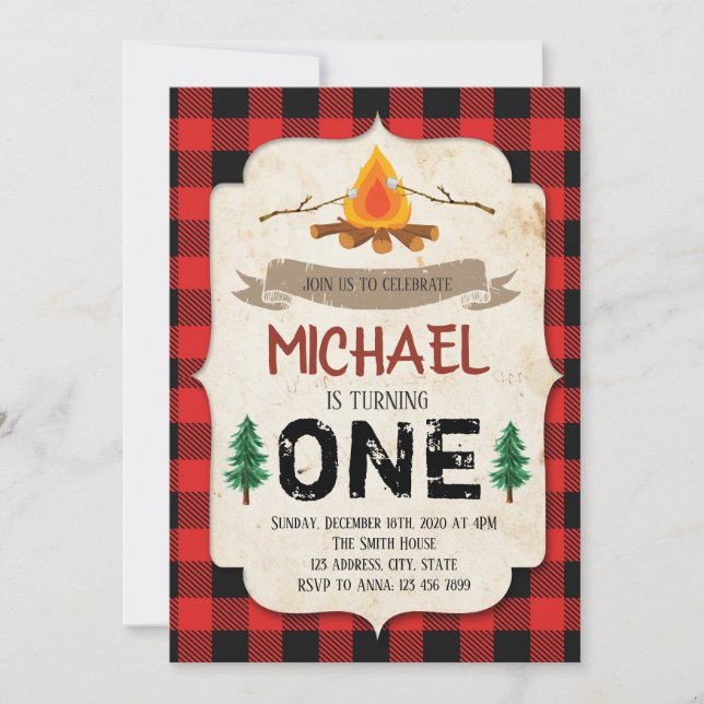 Buffalo plaid bonfire party invitation (Front)