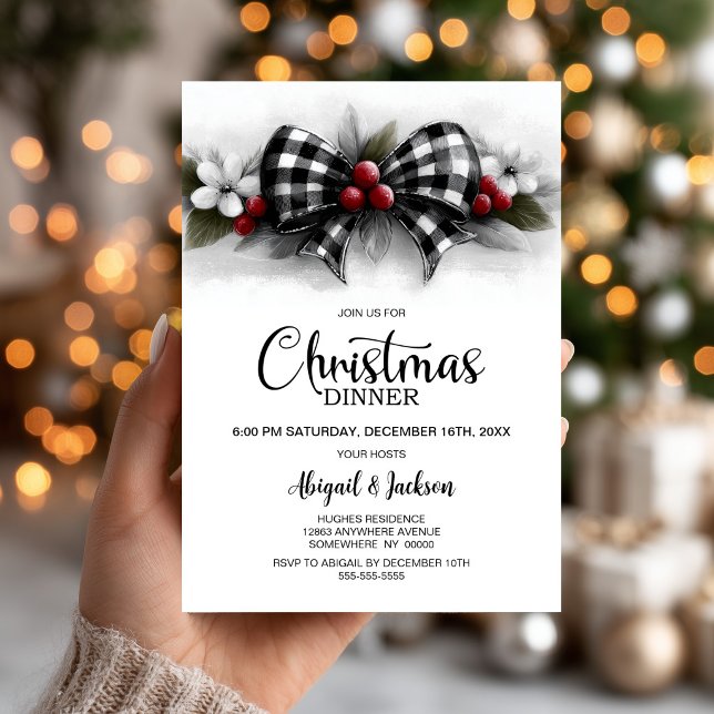 Buffalo Plaid Bow Christmas Dinner Invitation (Creator Uploaded)