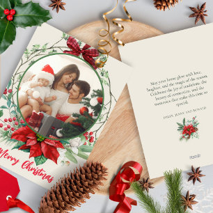 Buffalo Plaid Bow Wreath Poinsettias Holly Berries Holiday Card