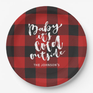 Buffalo Plaid Brush Script It's Cold Outside Name Paper Plate