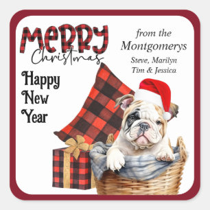 Buffalo Plaid Bulldog Puppy Christmas Square Sticker