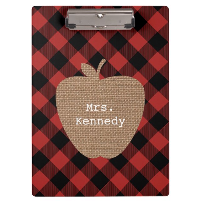 Buffalo Plaid Burlap Personalized Teacher Apple Clipboard (Front)