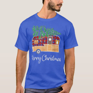 Buffalo Plaid Camping Merry Christmas Lights Tree  T-Shirt