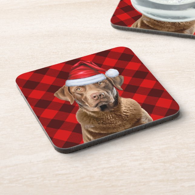 Buffalo Plaid Chesapeake Bay Retriever Santa Dog Coaster (Left Side)