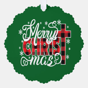 Buffalo Plaid Christian Christmas Design with Snow Ornament Card