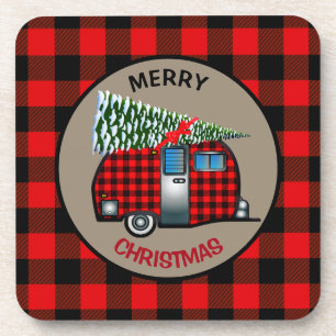 Buffalo Plaid Christmas Camper Beverage Coaster