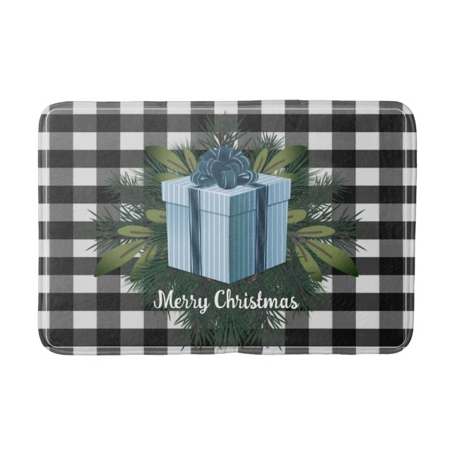 Buffalo Plaid Christmas Gift | Blue Holiday Bath Mat (Front)