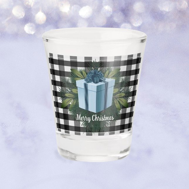 Buffalo Plaid Christmas Gift | Blue Holiday Shot Glass (Blue Buffalo Plaid Christmas Gift Holiday Shot Glass)
