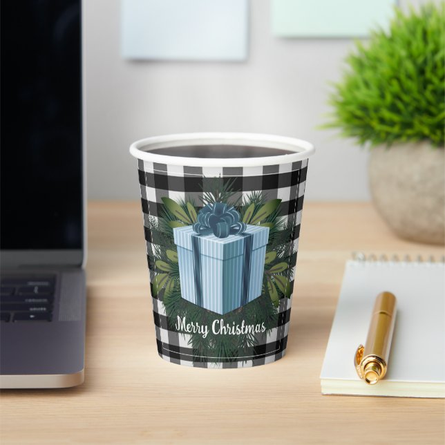 Buffalo Plaid Christmas Gift | Blue Paper Cups (Insitu)
