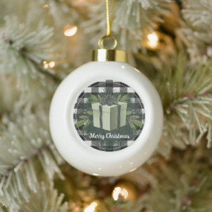 Buffalo Plaid Christmas Gift   Green Ceramic Ball Christmas Ornament