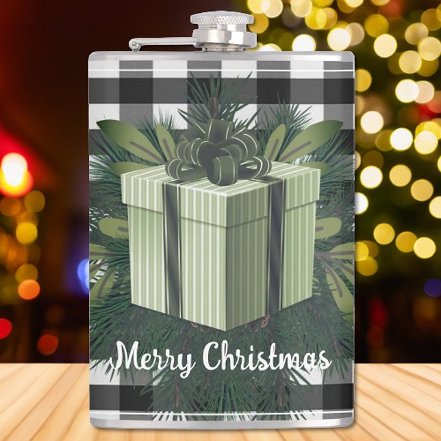 Buffalo Plaid Christmas Gift | Green Hip Flask (Green Buffalo Plaid Christmas Gift Flask)