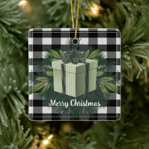 Buffalo Plaid Christmas Gift   Green Holiday Ceramic Ornament