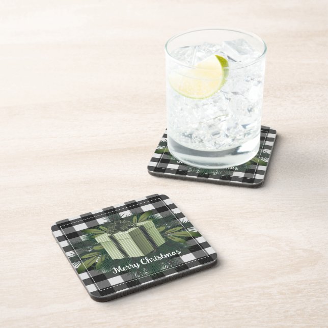 Buffalo Plaid Christmas Gift | Green Holiday Coaster (Right Side)