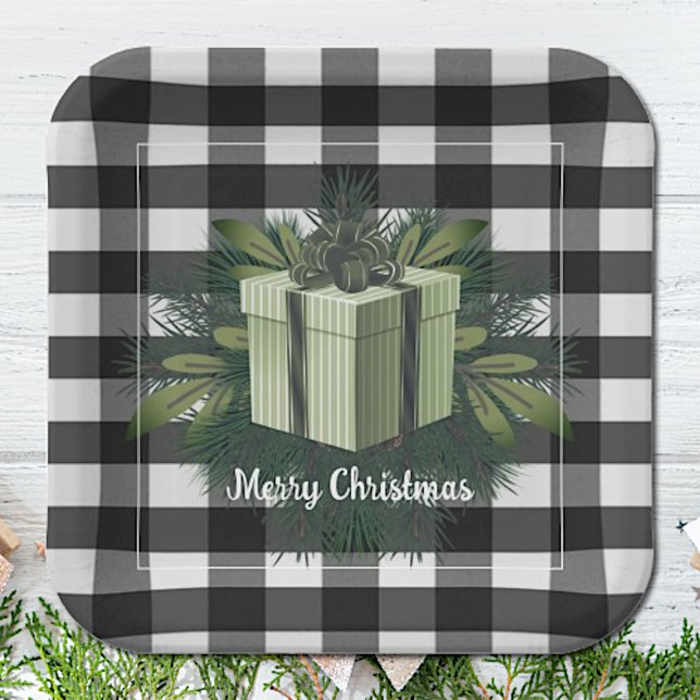 Buffalo Plaid Christmas Gift | Green Paper Plate (Green Buffalo Plaid Christmas Gift Paper Plates)