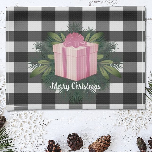 Buffalo Plaid Christmas Gift | Pink Holiday Kitchen Towel (Pink Buffalo Plaid Christmas Gift Holiday Kitchen Towel)