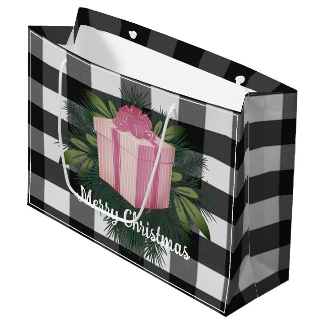 Buffalo Plaid Christmas Gift | Pink Large Gift Bag (Front Angled)