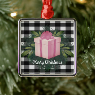 Buffalo Plaid Christmas Gift Pink Metal Ornament