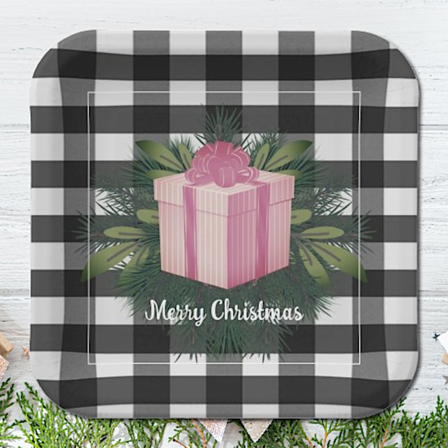 Buffalo Plaid Christmas Gift | Pink Paper Plate (Pink Buffalo Plaid Christmas Gift Paper Plates)