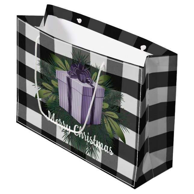 Buffalo Plaid Christmas Gift | Purple Large Gift Bag (Front Angled)