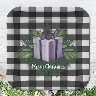Buffalo Plaid Christmas Gift Purple Paper Plate