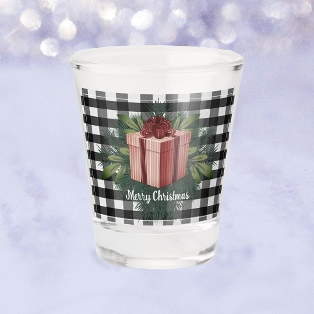 Buffalo Plaid Christmas Gift | Red Holiday Shot Glass (Red Buffalo Plaid Christmas Gift Holiday Shot Glass)