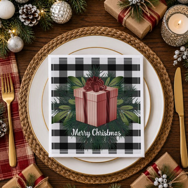 Buffalo Plaid Christmas Gift | Red Napkin (Red Buffalo Plaid Christmas Gift Paper Napkins)