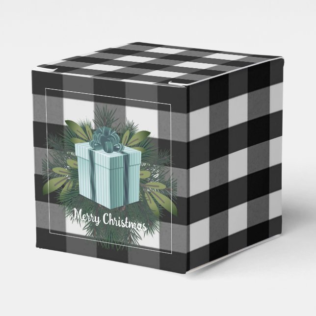 Buffalo Plaid Christmas Gift | Teal Favor Box (Front Side)