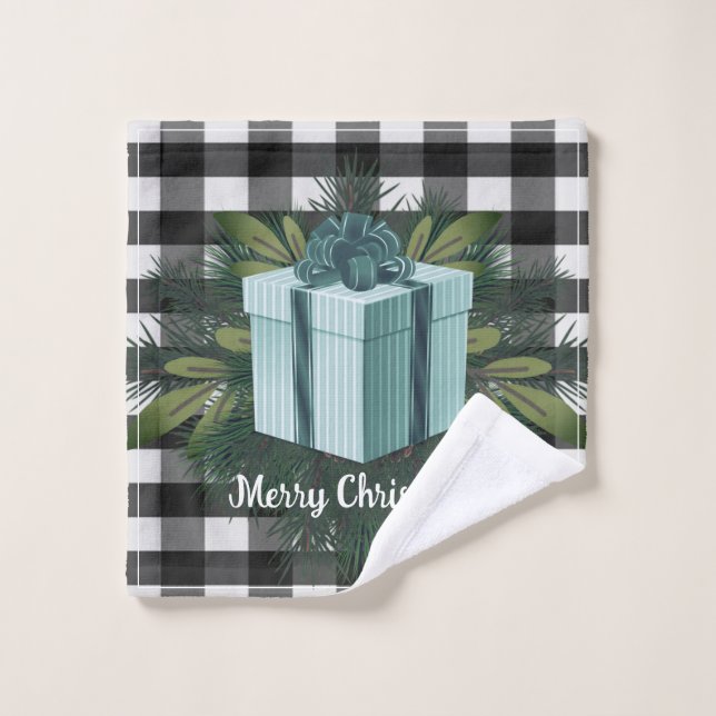 Buffalo Plaid Christmas Gift | Teal Holiday Bath Towel Set (Wash Cloth)