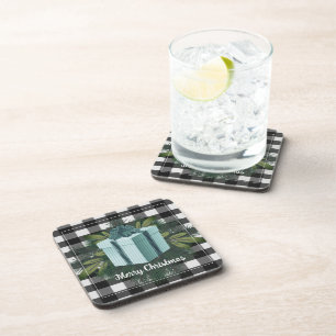 Buffalo Plaid Christmas Gift   Teal Holiday Coaster