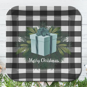 Buffalo Plaid Christmas Gift Teal Paper Plate