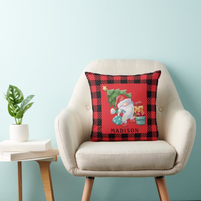 Buffalo Plaid Christmas Gnome  Throw Pillow (Chair)