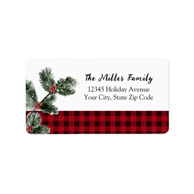 Buffalo plaid Christmas greenery holiday address Label (Front)