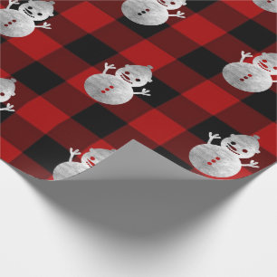 Buffalo Plaid Christmas Holidays Snowman Silver Wrapping Paper