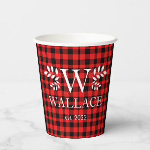 Buffalo Plaid Christmas monogram newlywed photo Paper Cups