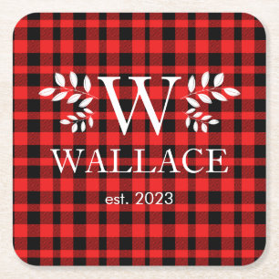 Buffalo Plaid Christmas monogram newlywed photo Square Paper Coaster