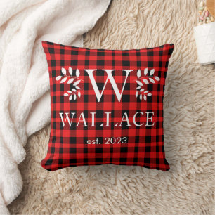 Buffalo Plaid Christmas monogram newlywed photo Throw Pillow