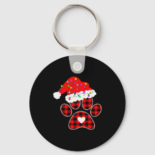 Buffalo Plaid Christmas Paw Dog With Santa Hat &am Keychain