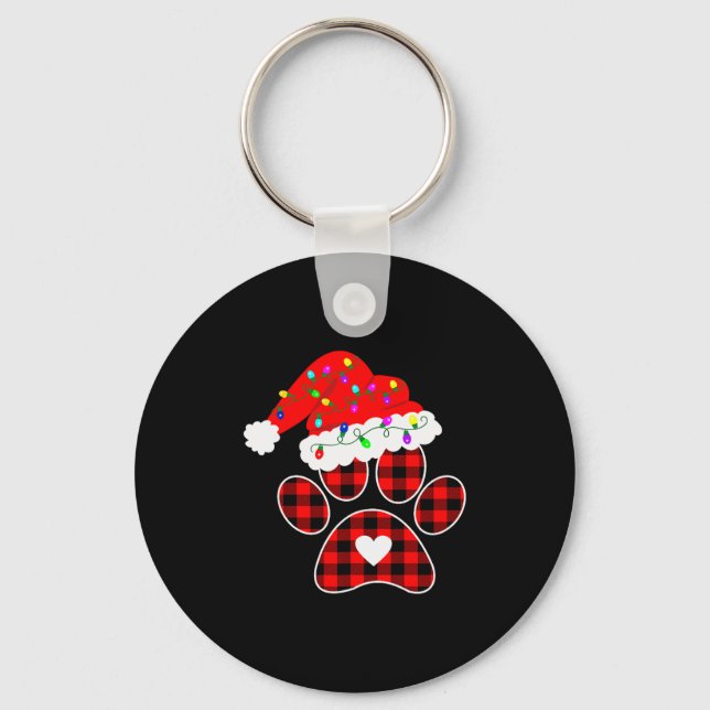 Buffalo Plaid Christmas Paw Dog With Santa Hat &am Keychain (Front)
