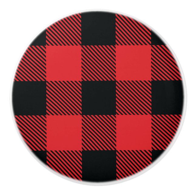 Buffalo Plaid Christmas Red and Black Check Ceramic Knob (Front)