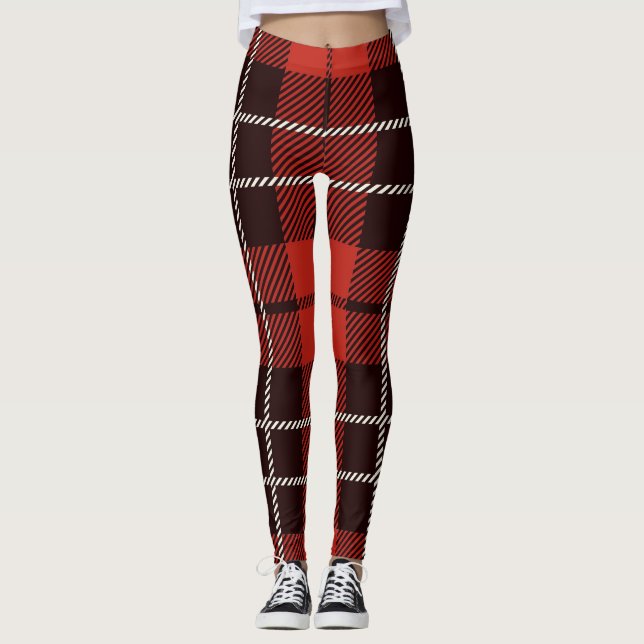 Buffalo Plaid Christmas Red White Black Patterned Leggings (Front)