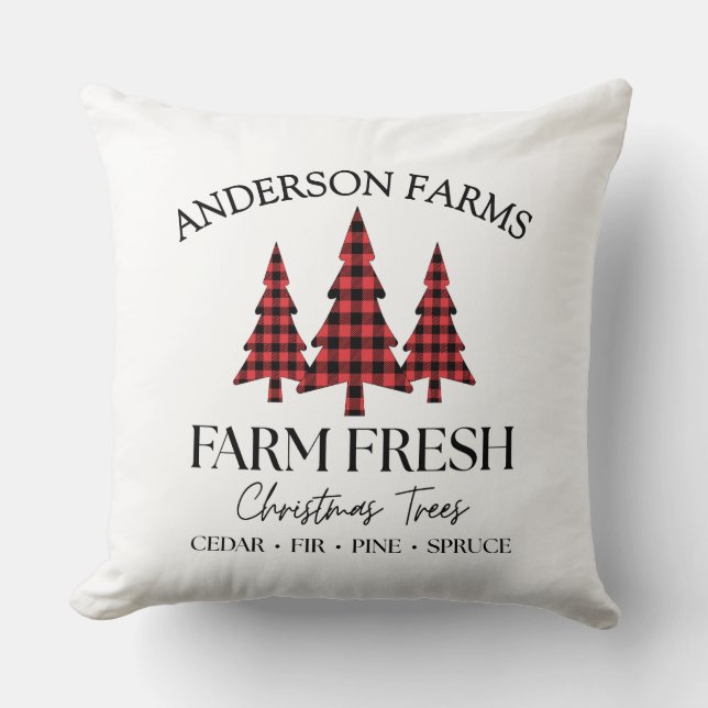 Buffalo Plaid Christmas Tree Farm Black Red Throw Pillow (Front)