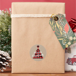 Buffalo plaid Christmas tree kraft Classic Round Sticker
