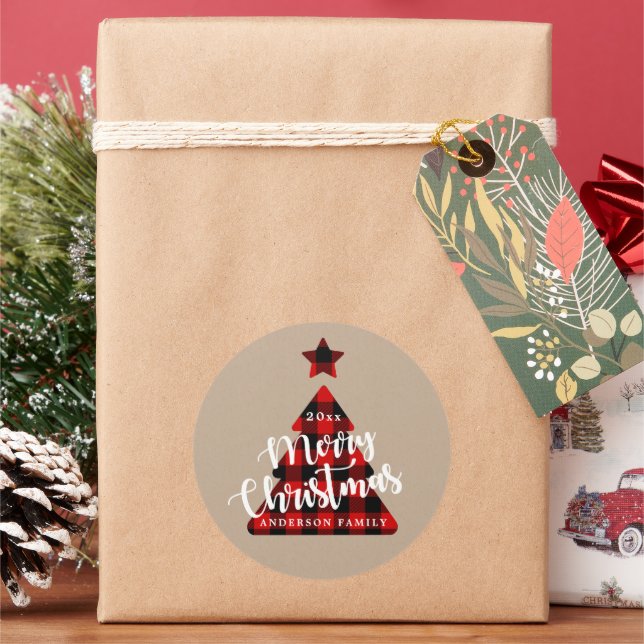 Buffalo plaid Christmas tree kraft Classic Round Sticker (Holiday)