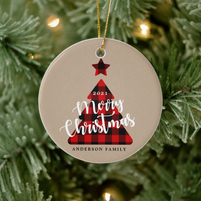 Buffalo Plaid Christmas Tree Kraft Photo Ceramic Ornament (Tree)