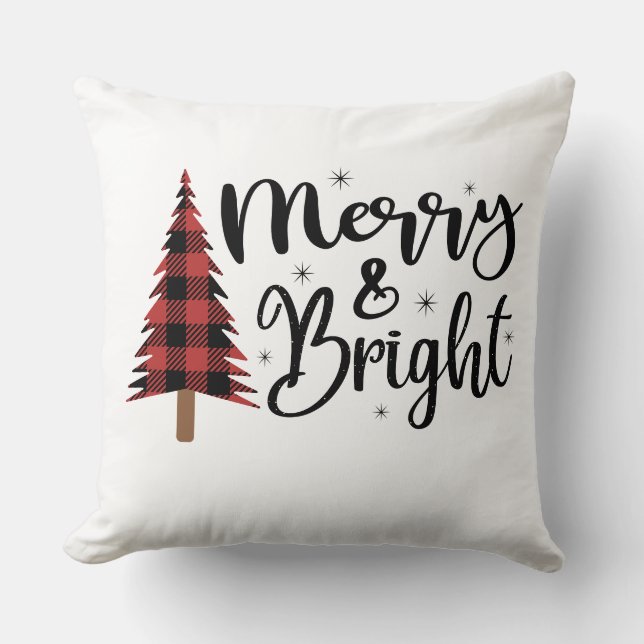 Buffalo Plaid Christmas Tree Merry and Bright  Throw Pillow (Front)