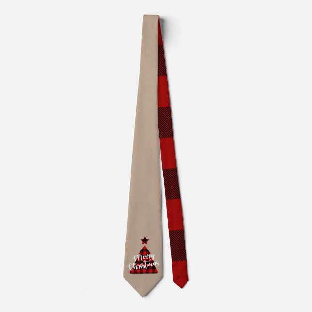 Buffalo Plaid Christmas Tree Whimsical Script Tie (Front)