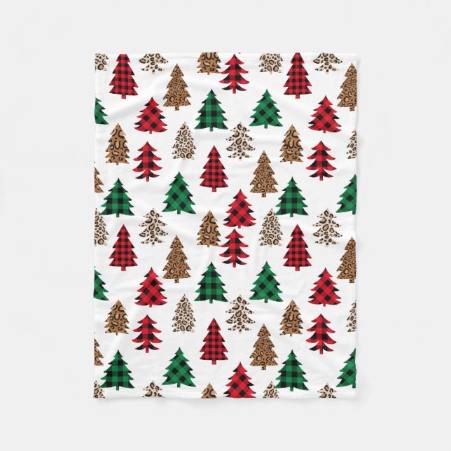 Buffalo Plaid Christmas Trees Red Leopard Fleece Blanket (Front)